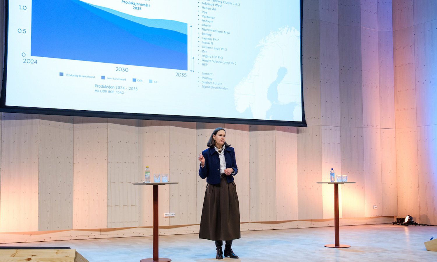 kvinne i langt brunst skjørt og blå dressjakke, peker på noen grafer på lerretet bak seg mens hun snakker