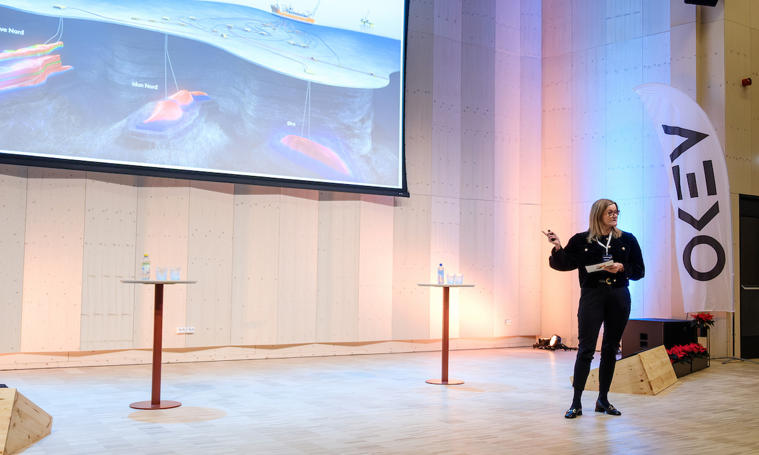 Kvinne med blodt hår, sorte briller, sorte bukser, sorte sko og sort genser,  peker mot skjermen bak seg som viser tegninger som ikke er helt synlig på bildet