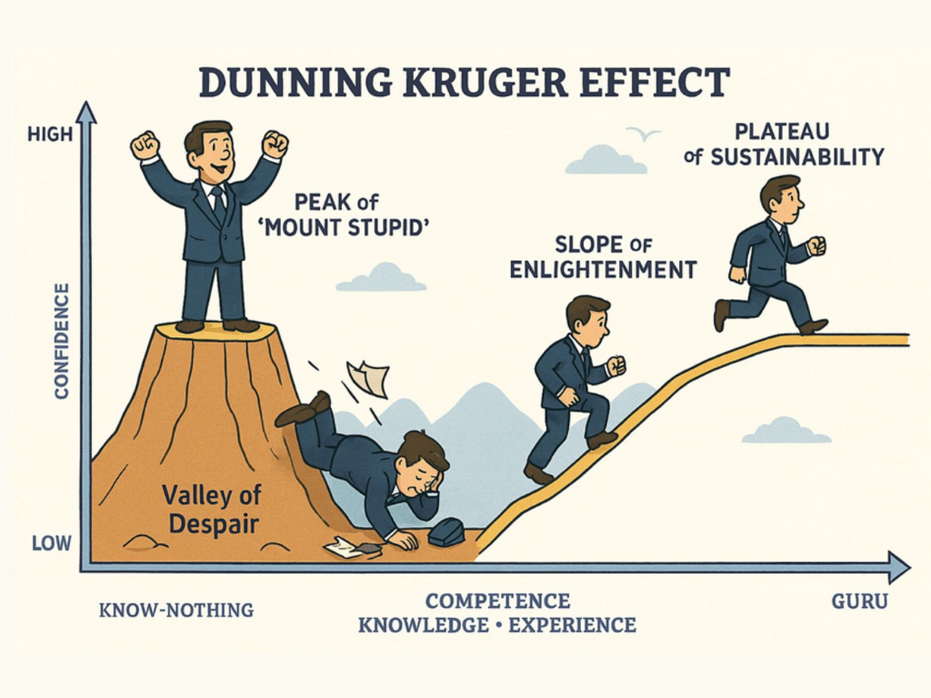 Bildet er produsert av Carina Møller ved hjelp av KI.Visuell beskrivelse av Dunning-kruger-effekten