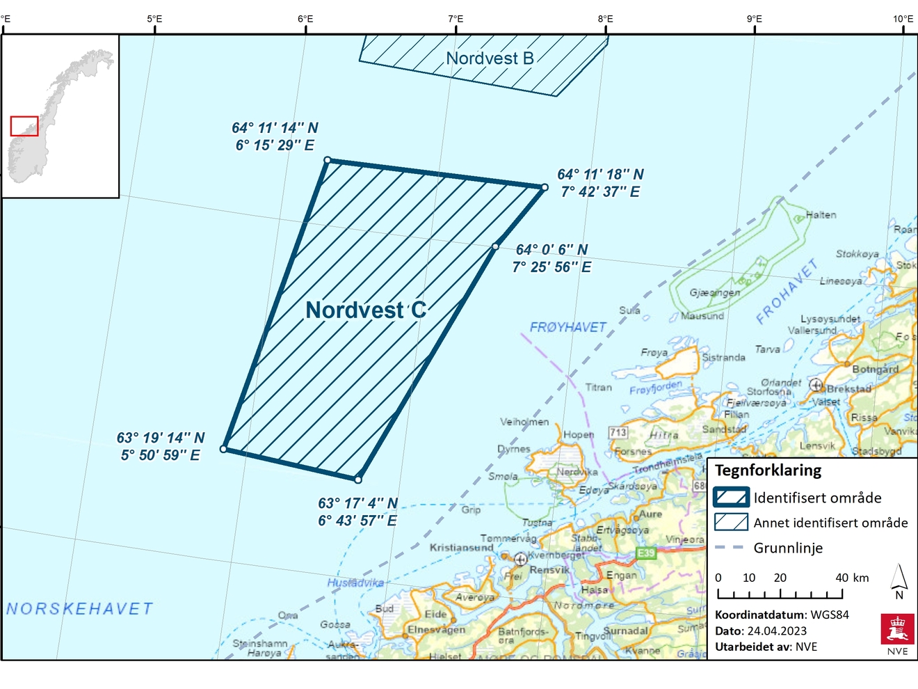 Georgrafisk plassering av området Nordvest C - Hentet fra NVE sin veileder om akutelle områder for havvind Georgrafisk plassering av området Nordvest C - Hentet fra NVE sin veileder om akutelle områder for havvind